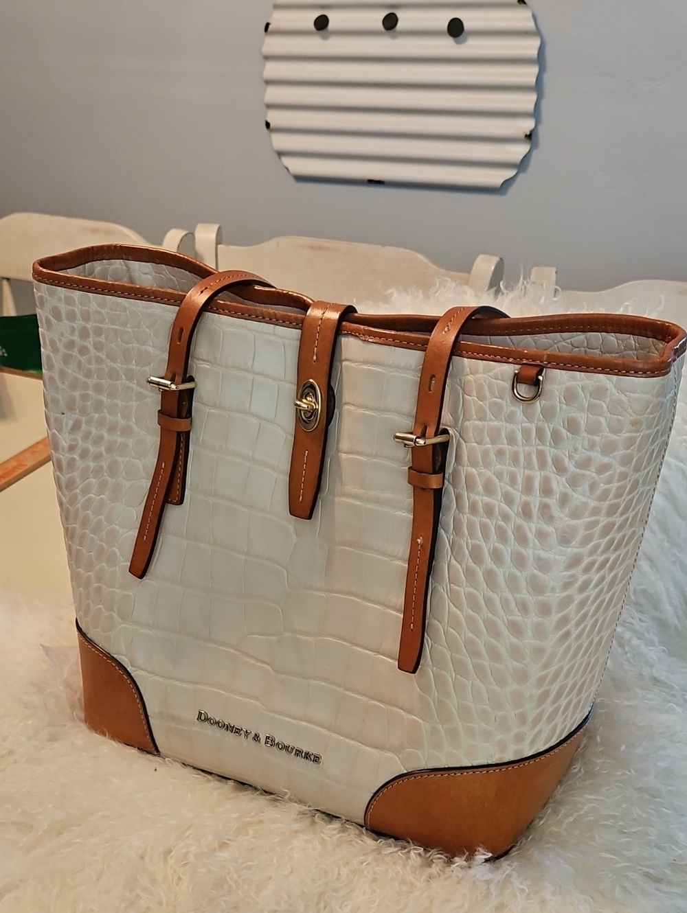 Dooney & Bourke Cream Croc-Embossed Tote with Tan Trim